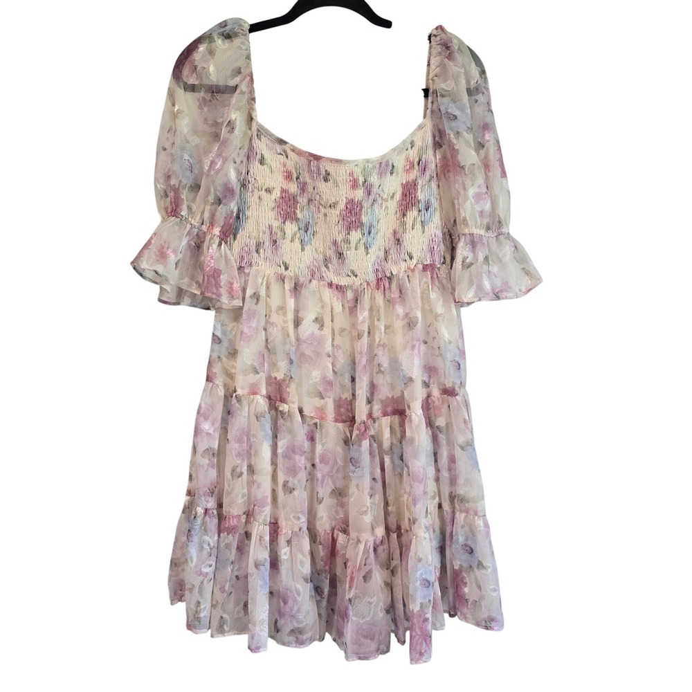 Big Hit Fashion Floral Smocked Tiered Babydoll Dress Pink Purple HD1686 Large